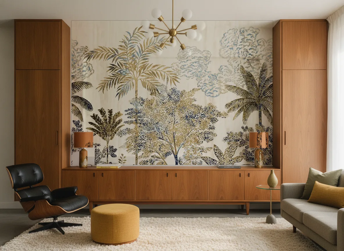 Mirage — Salon mid-century — ściana między tekowymi szafami
