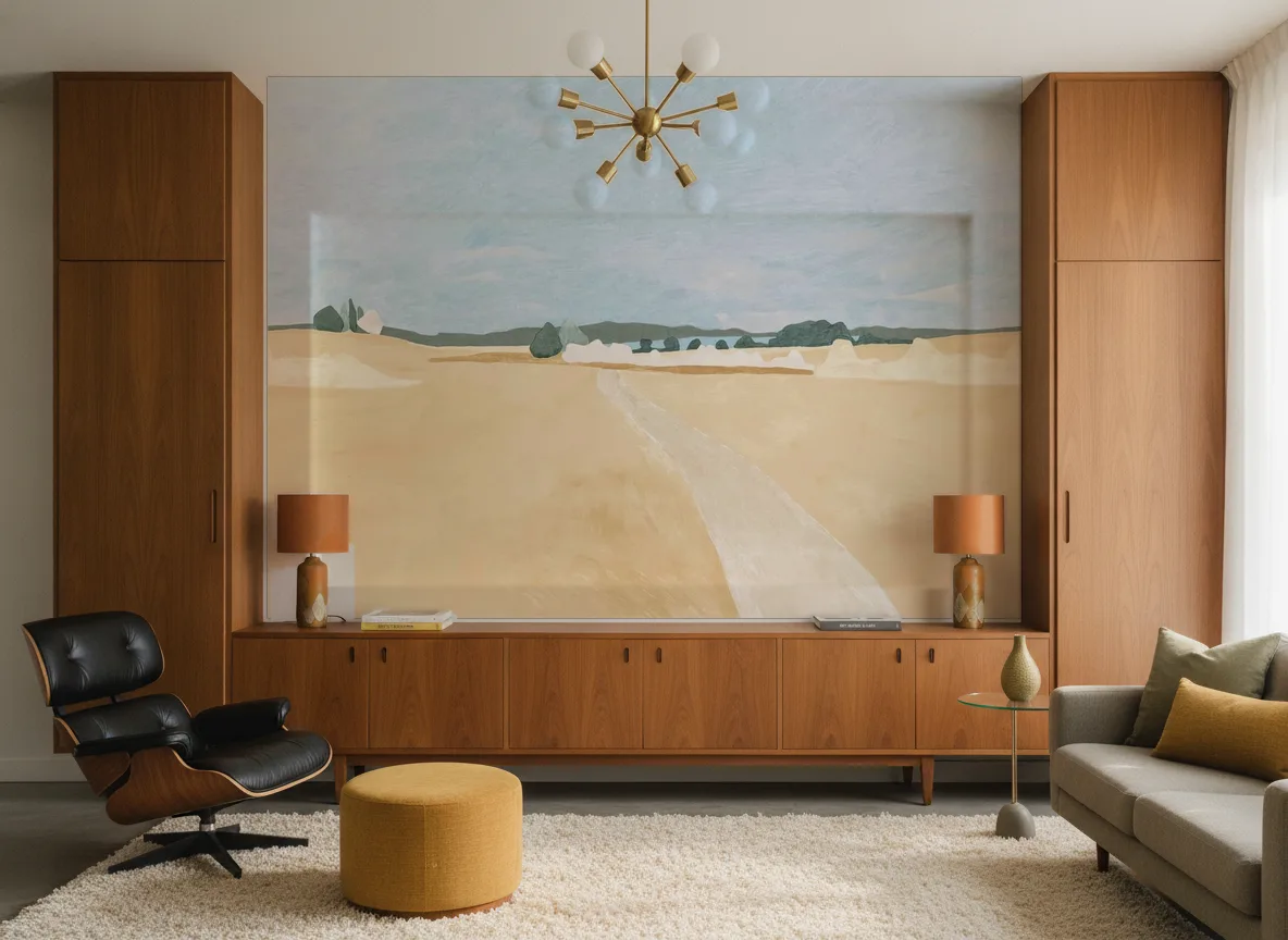 Moisson — Salon mid-century — ściana między tekowymi szafami