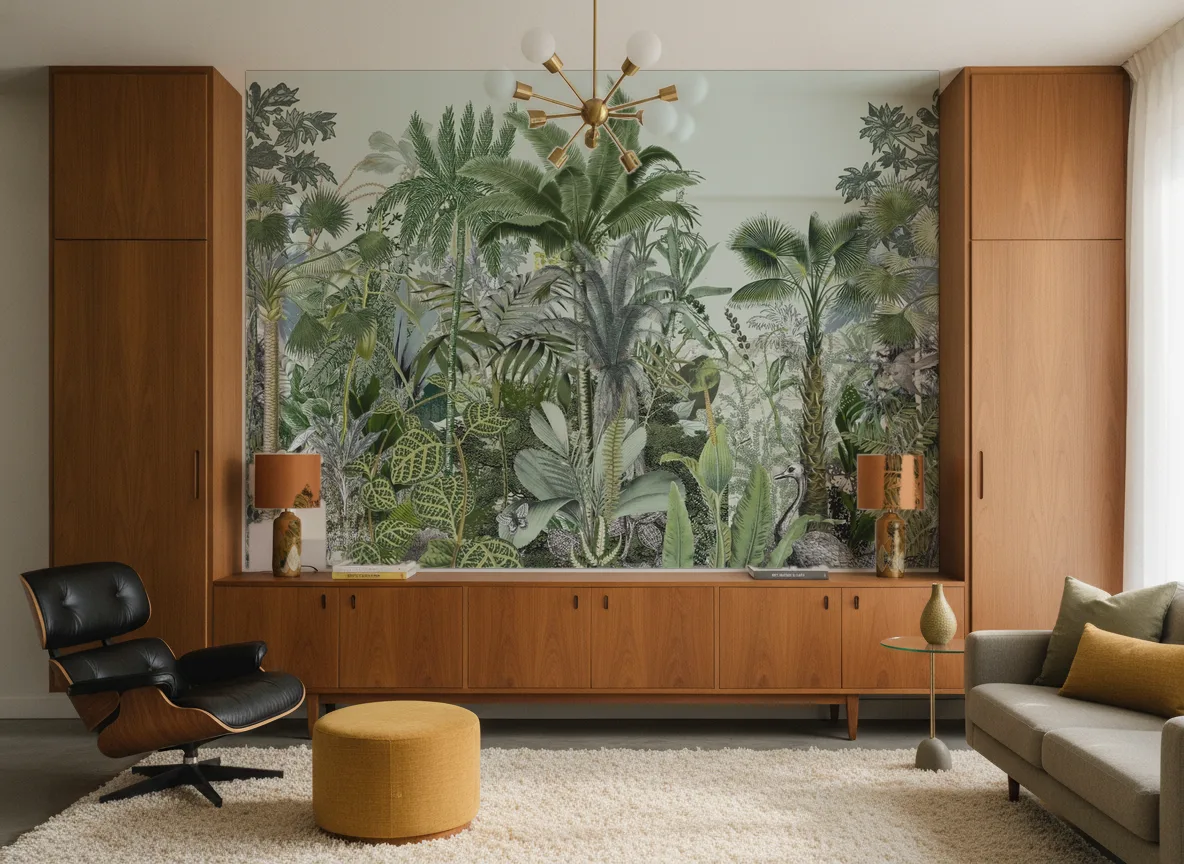 MONTEVERDE Panoramas — Salon mid-century — ściana między tekowymi szafami