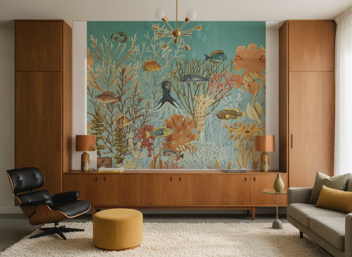 Moorea — Salon mid-century — ściana między tekowymi szafami
