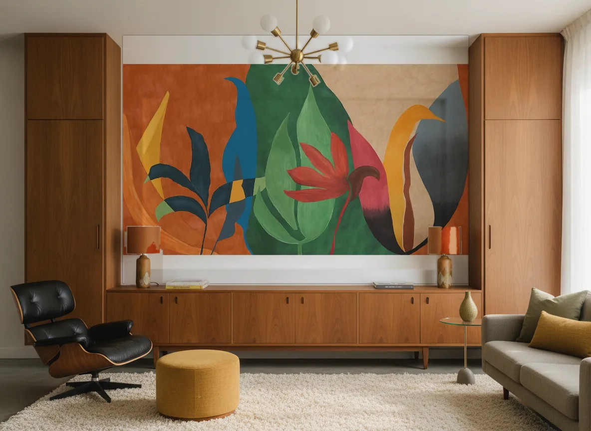 Nahua — Salon mid-century — ściana między tekowymi szafami