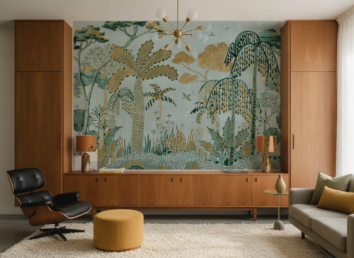 Nosara — Salon mid-century — ściana między tekowymi szafami