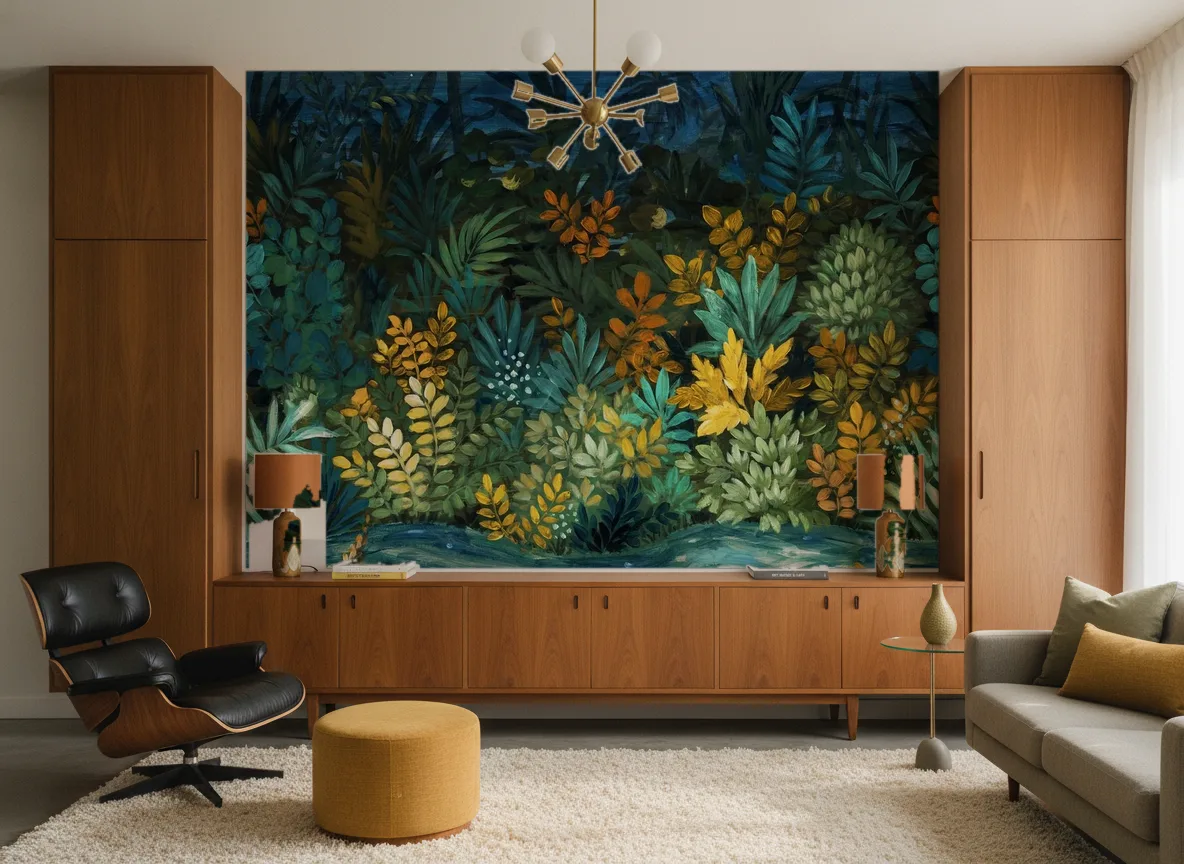 Nuit Etoilee — Salon mid-century — ściana między tekowymi szafami