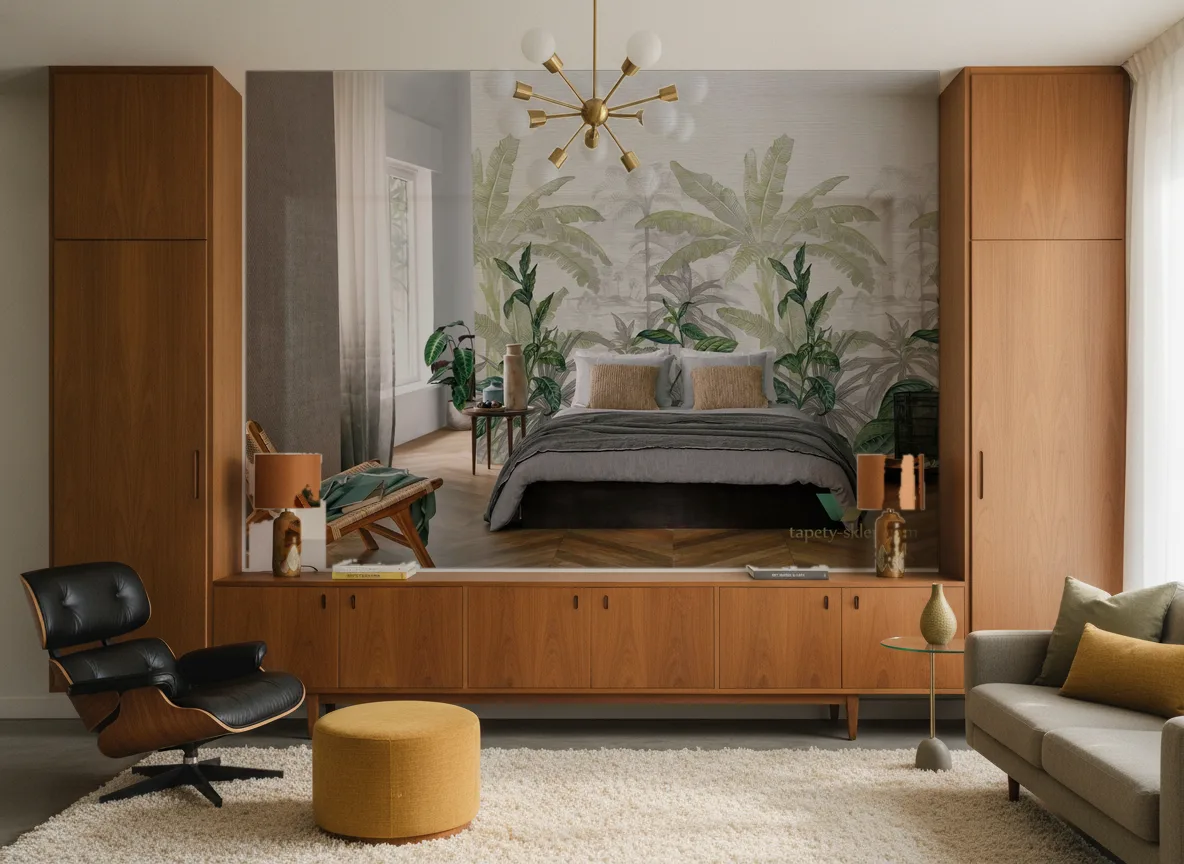 Olea — Salon mid-century — ściana między tekowymi szafami