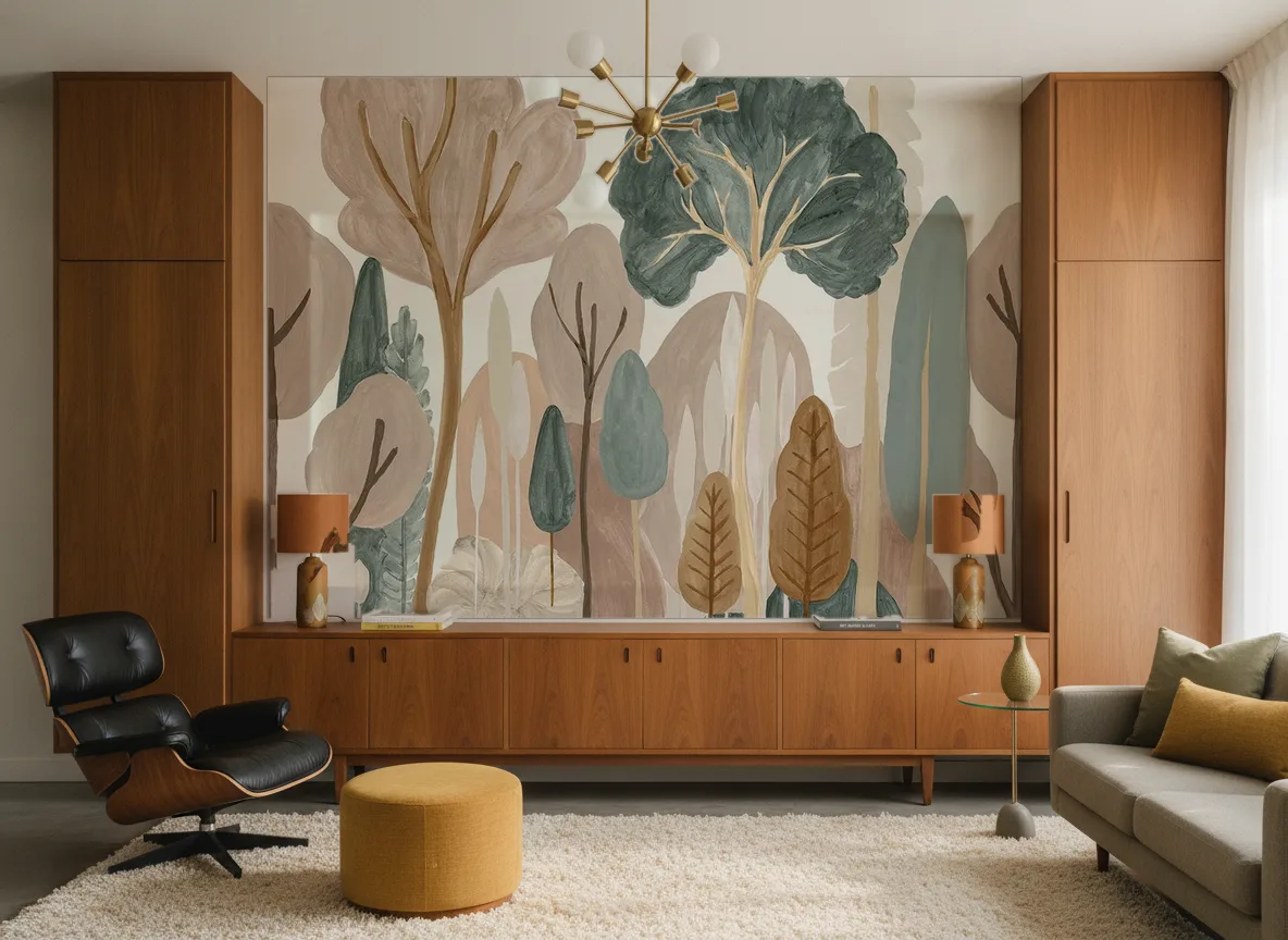 Orme — Salon mid-century — ściana między tekowymi szafami