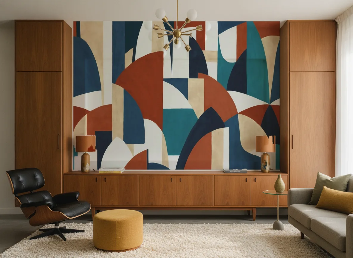 PABLO Panoramas — Salon mid-century — ściana między tekowymi szafami