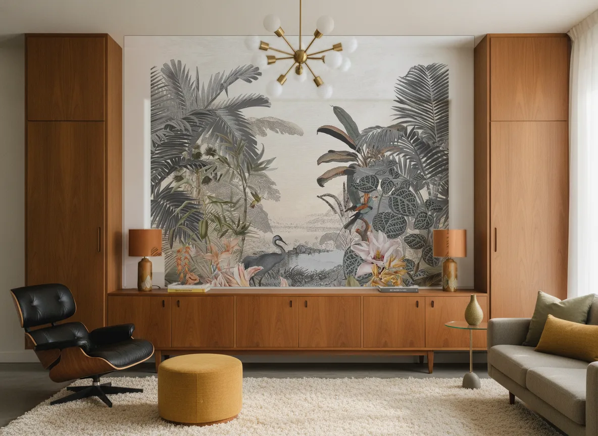 Paraiba — Salon mid-century — ściana między tekowymi szafami
