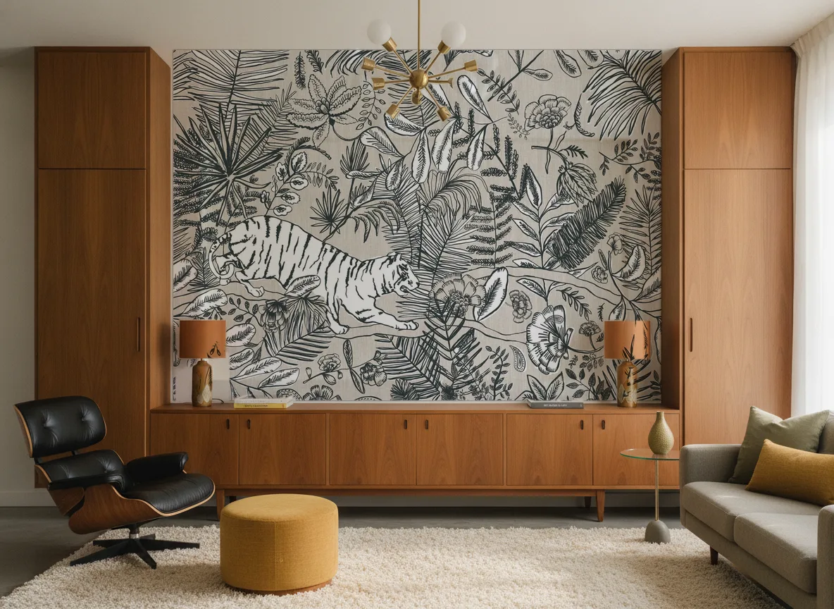 PASHU Panoramas — Salon mid-century — ściana między tekowymi szafami