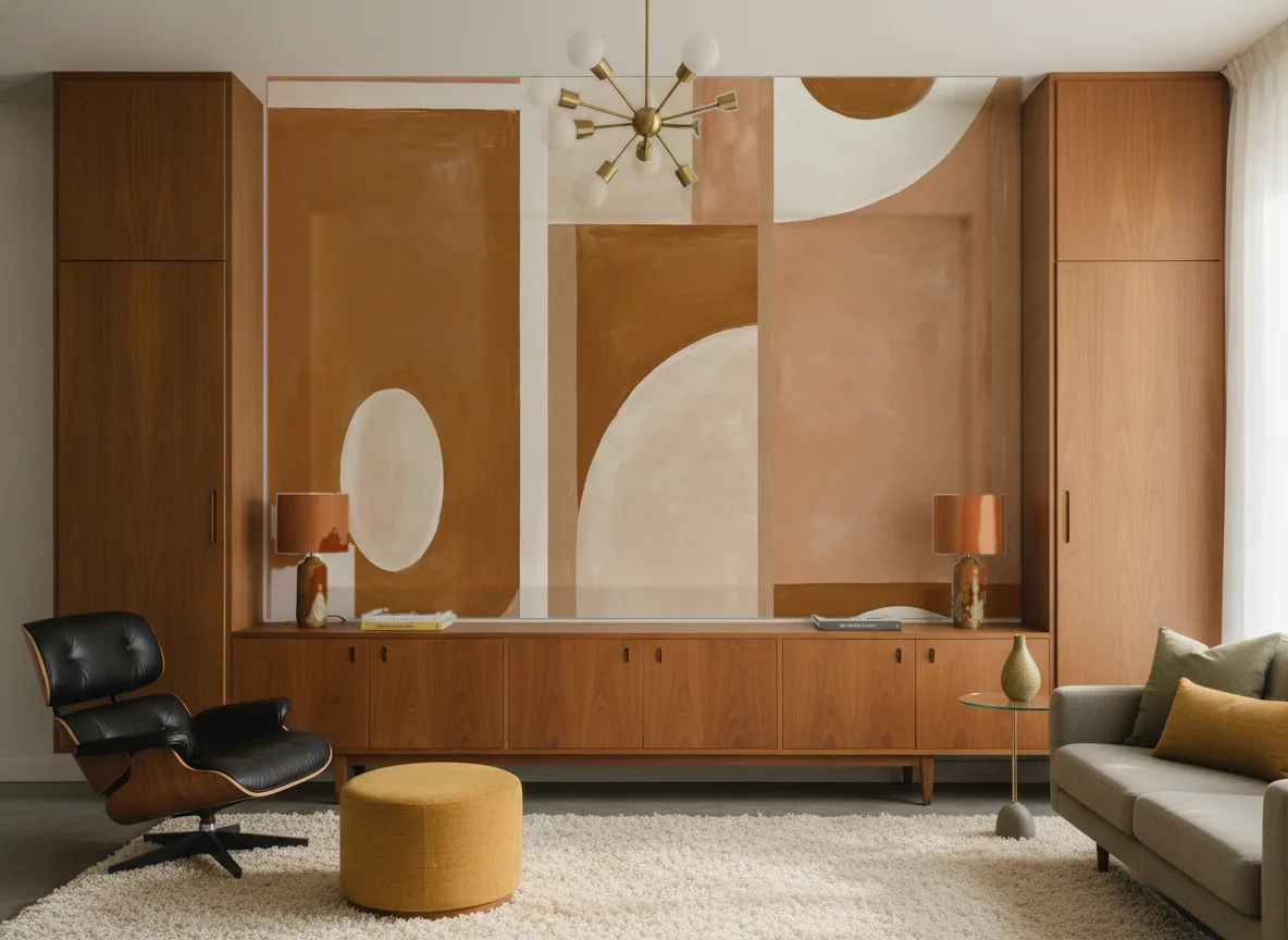 Pictura — Salon mid-century — ściana między tekowymi szafami