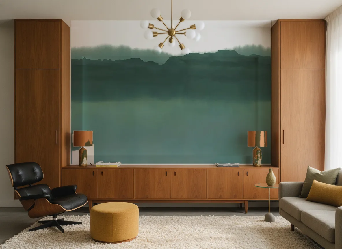 Pittore — Salon mid-century — ściana między tekowymi szafami
