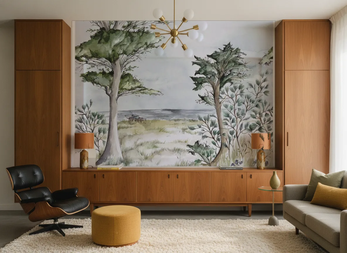 Pornic — Salon mid-century — ściana między tekowymi szafami
