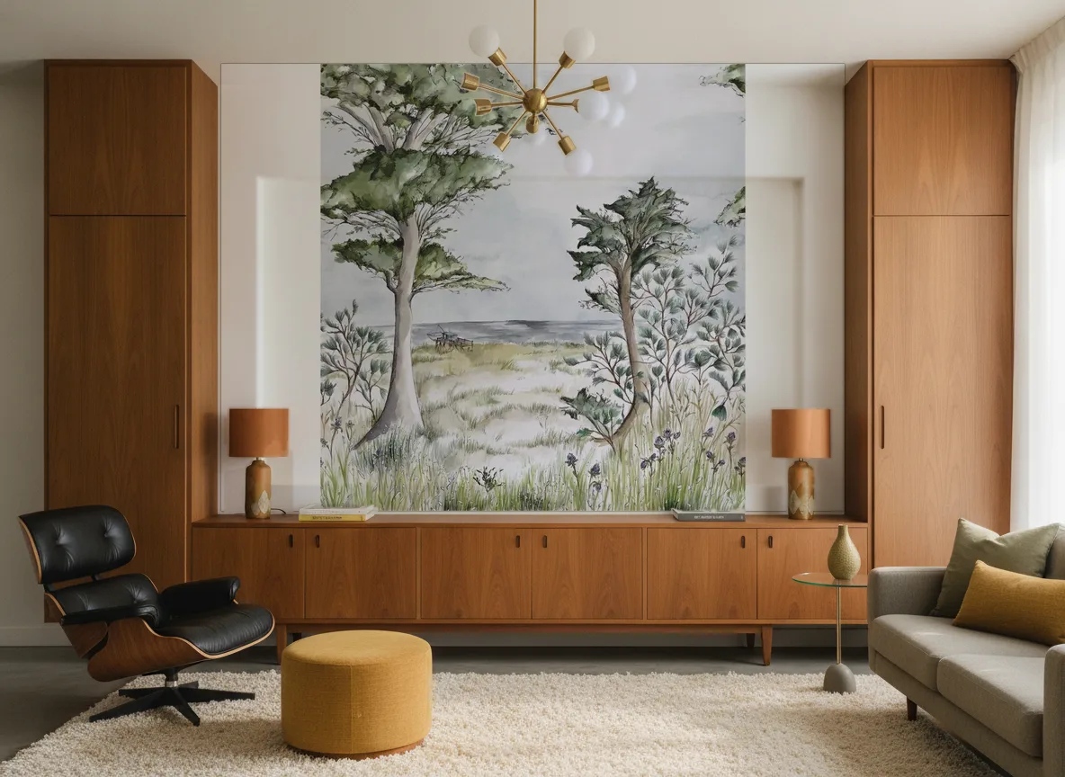 Pornic Int — Salon mid-century — ściana między tekowymi szafami