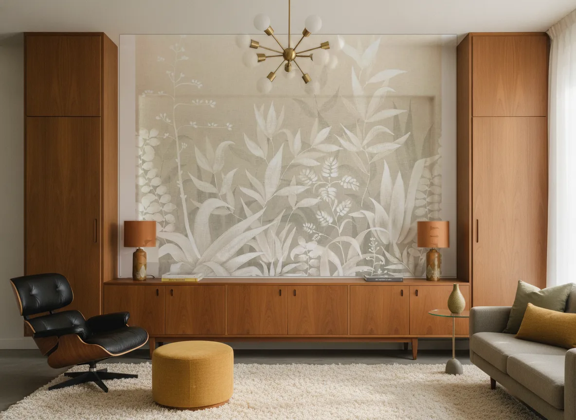 Saona — Salon mid-century — ściana między tekowymi szafami