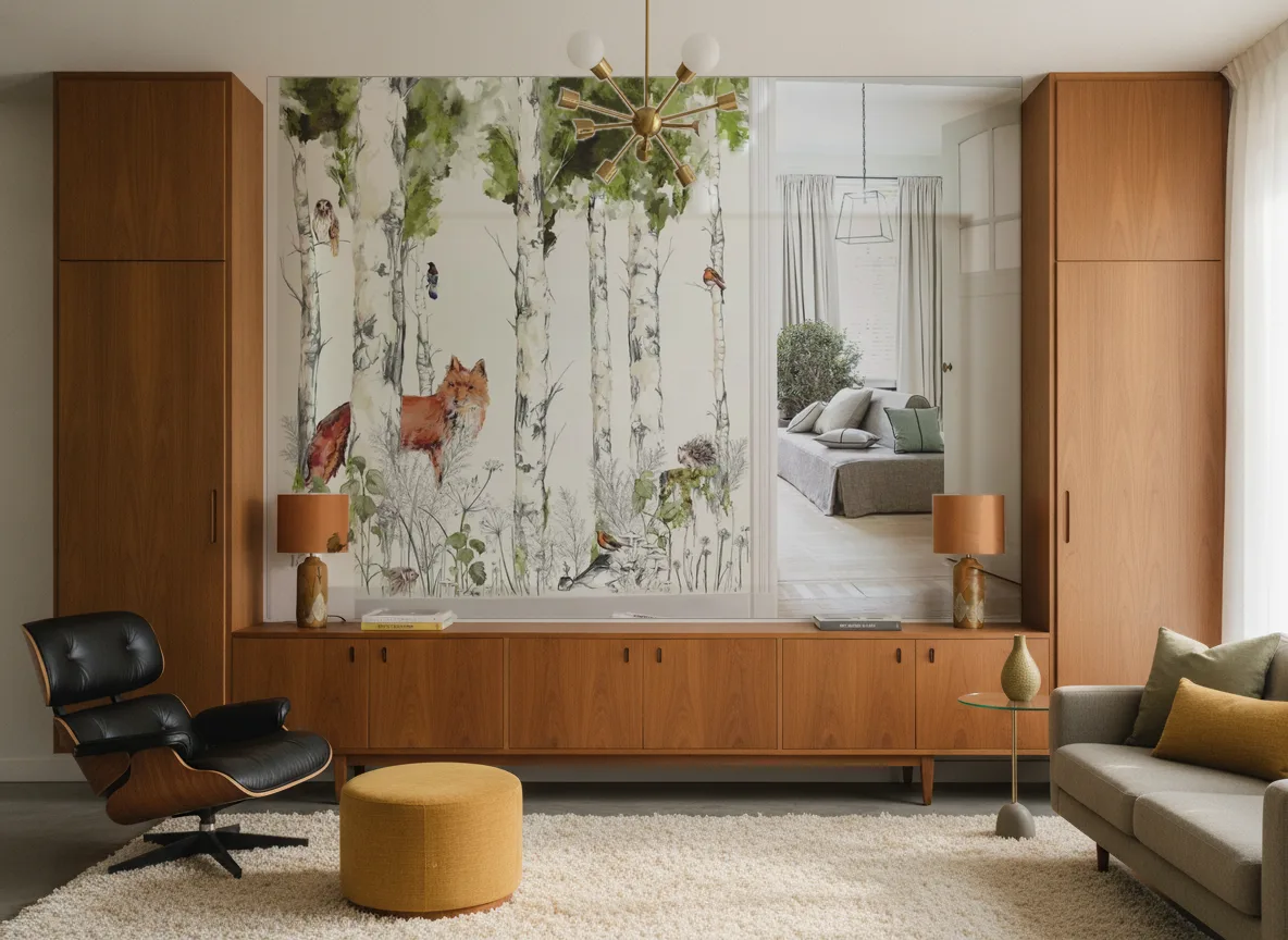 SYLVANIA Panoramas — Salon mid-century — ściana między tekowymi szafami