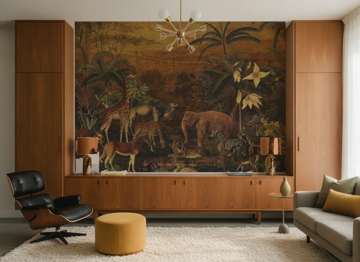 TANZANIA Panoramas — Salon mid-century — ściana między tekowymi szafami
