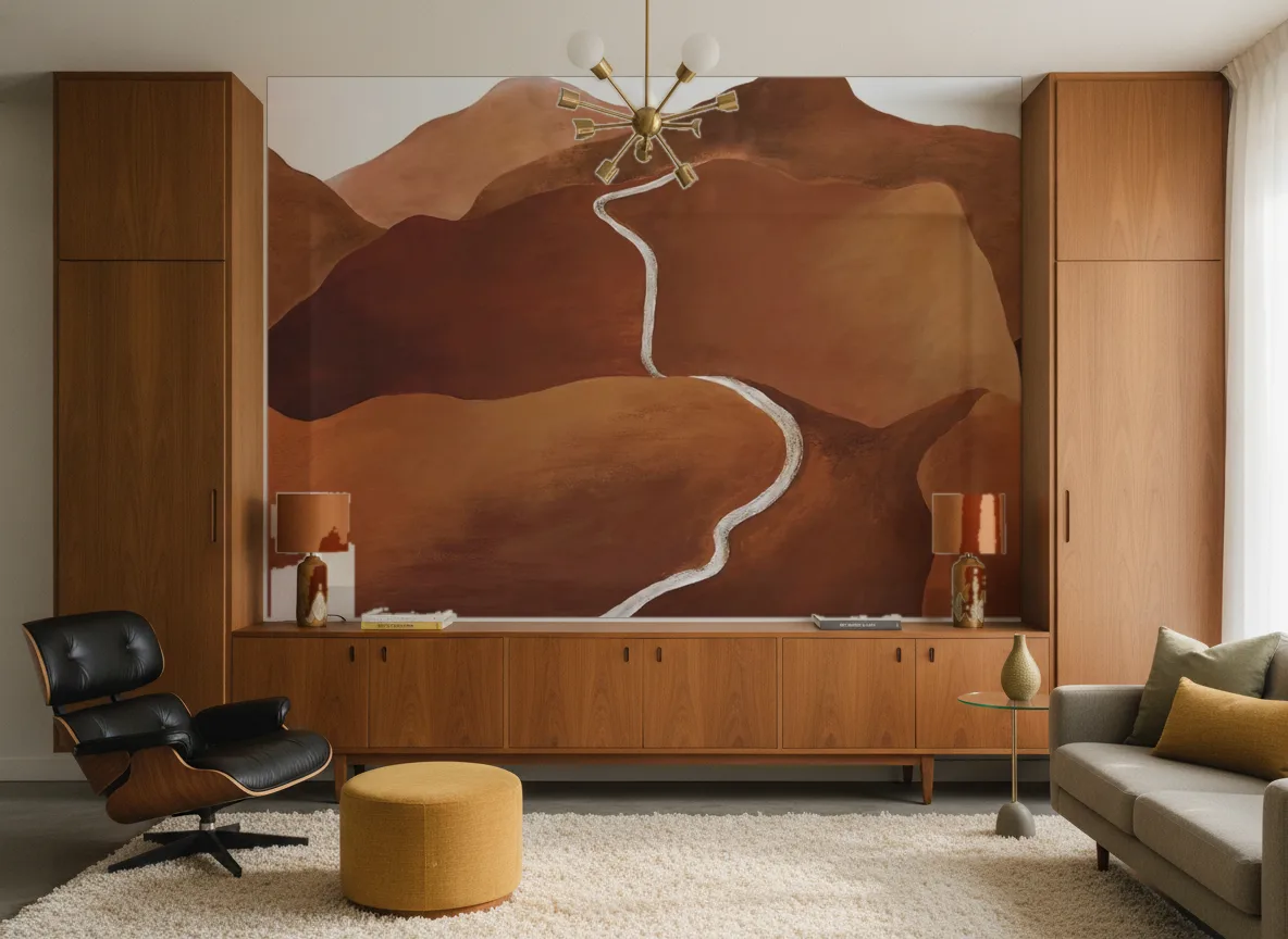 TOSCANA Panoramas — Salon mid-century — ściana między tekowymi szafami