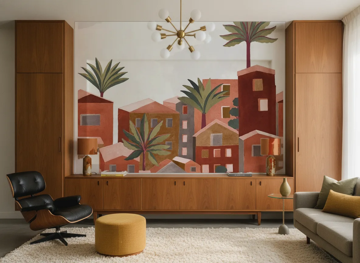 Vila Viela — Salon mid-century — ściana między tekowymi szafami