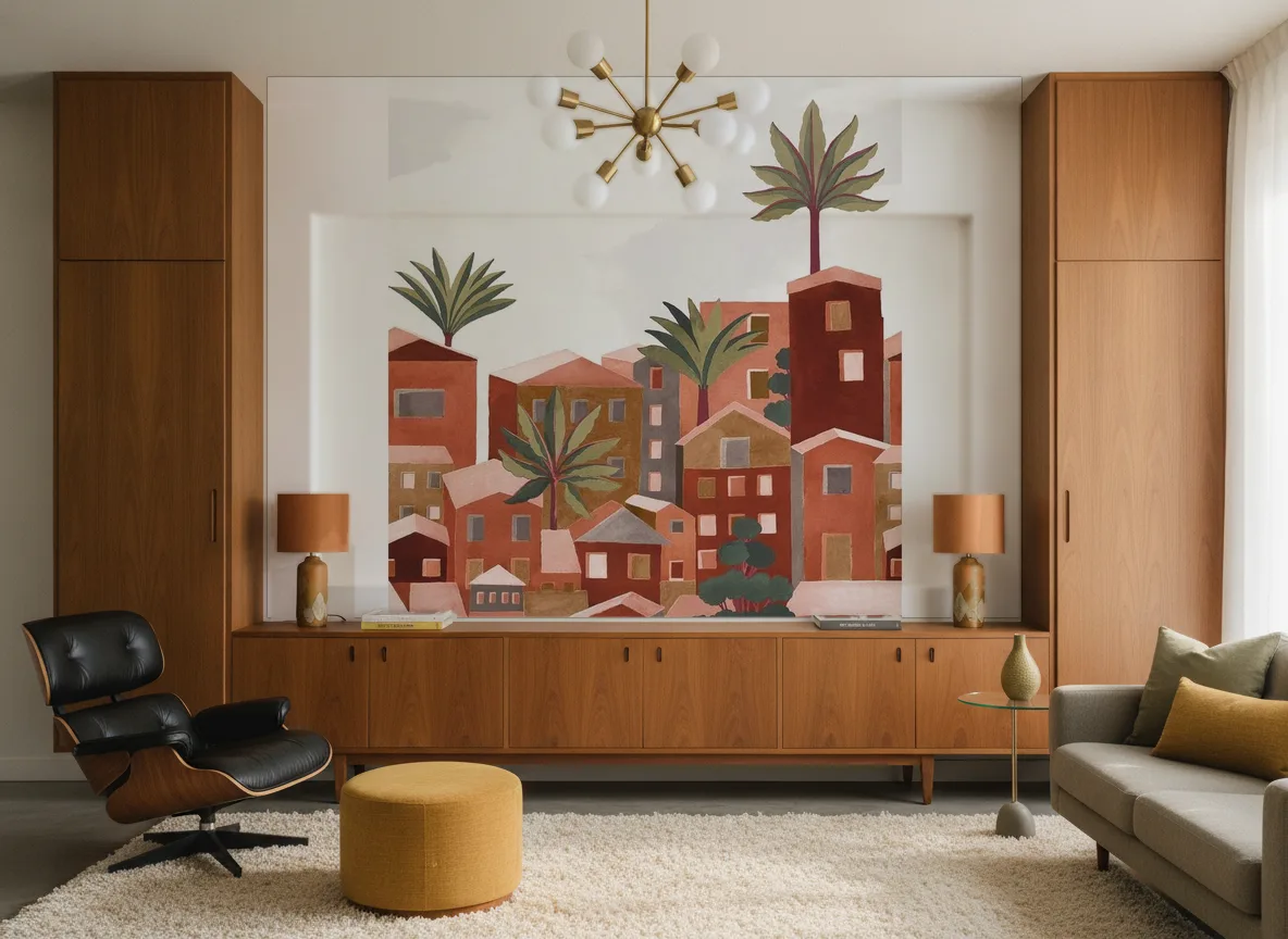 Vila Viela Int — Salon mid-century — ściana między tekowymi szafami