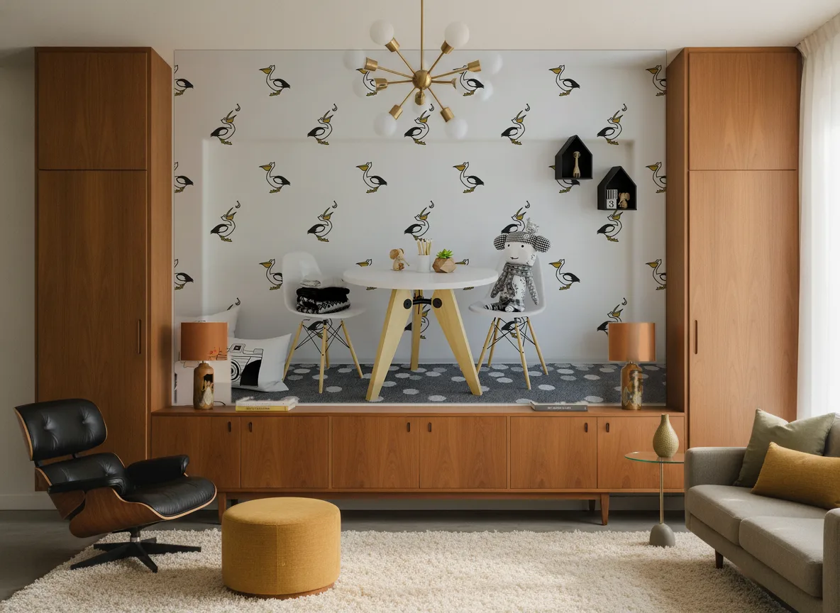 “Młody Pelikan” — Salon mid-century — ściana między tekowymi szafami