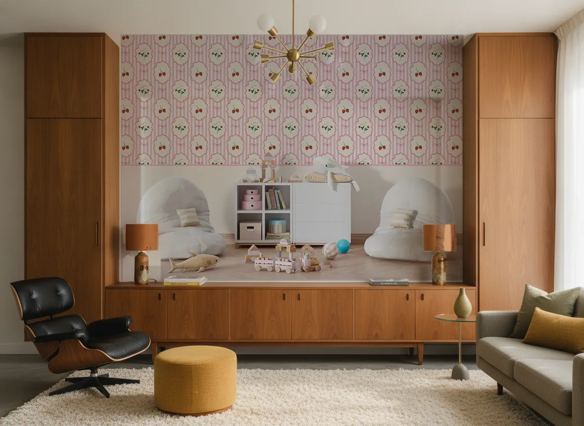 “Truskaweczki” — Salon mid-century — ściana między tekowymi szafami