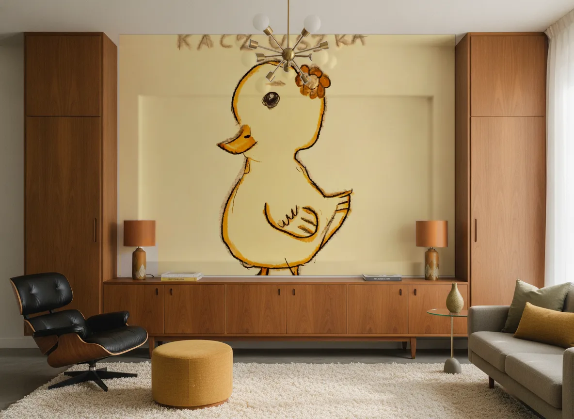 Kaczuszka — Salon mid-century — ściana między tekowymi szafami