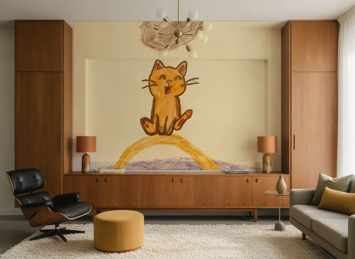 Kot z kłębkiem — Salon mid-century — ściana między tekowymi szafami