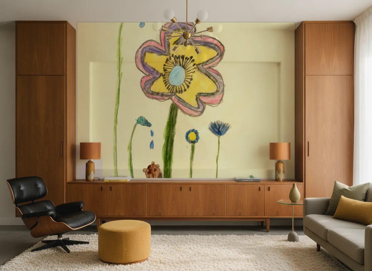 Kwiat — Salon mid-century — ściana między tekowymi szafami