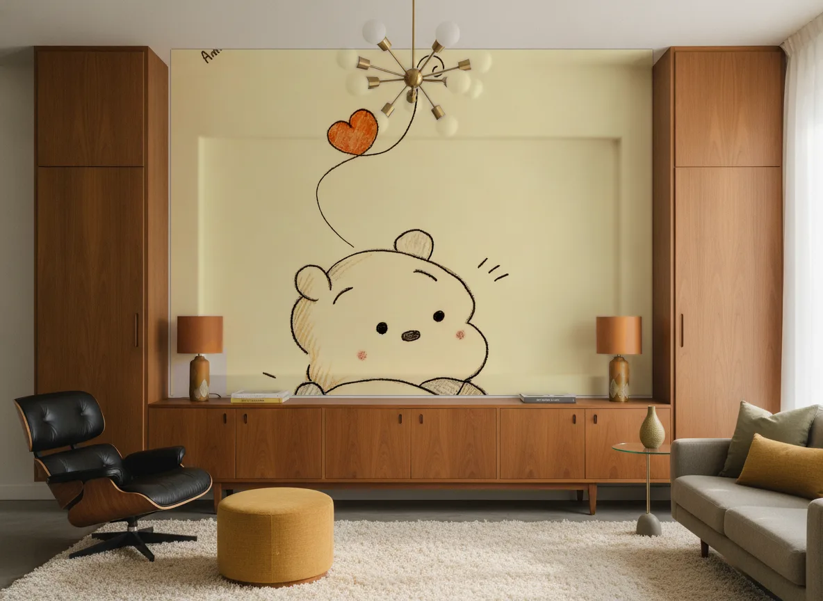 Miś z balonikiem — Salon mid-century — ściana między tekowymi szafami