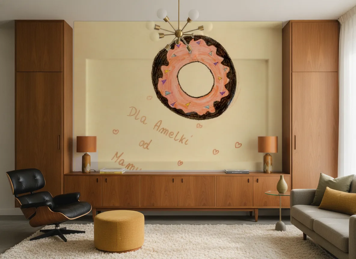 Pączek — Salon mid-century — ściana między tekowymi szafami