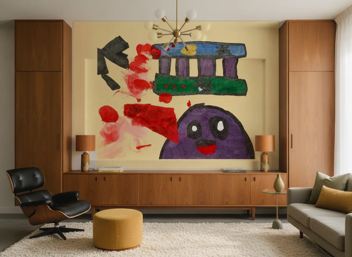 Pociąg — Salon mid-century — ściana między tekowymi szafami