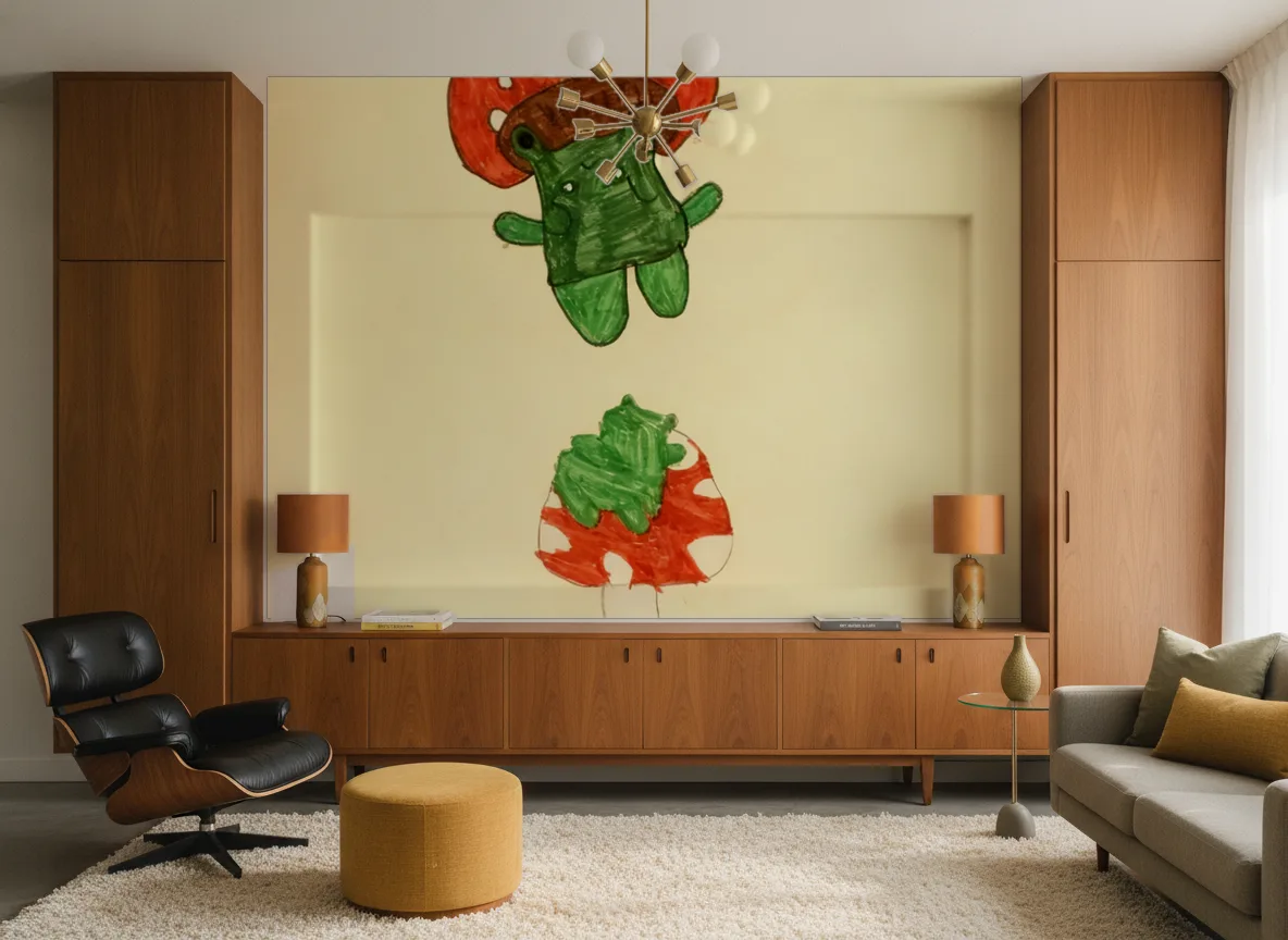 Potworki w muchomorach — Salon mid-century — ściana między tekowymi szafami
