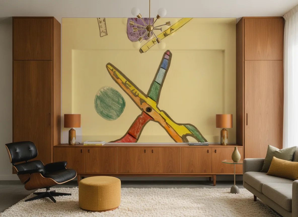 Przybory — Salon mid-century — ściana między tekowymi szafami
