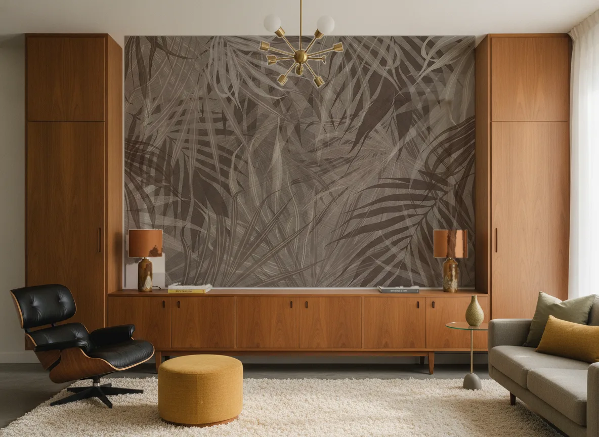 Kalma — Salon mid-century — ściana między tekowymi szafami