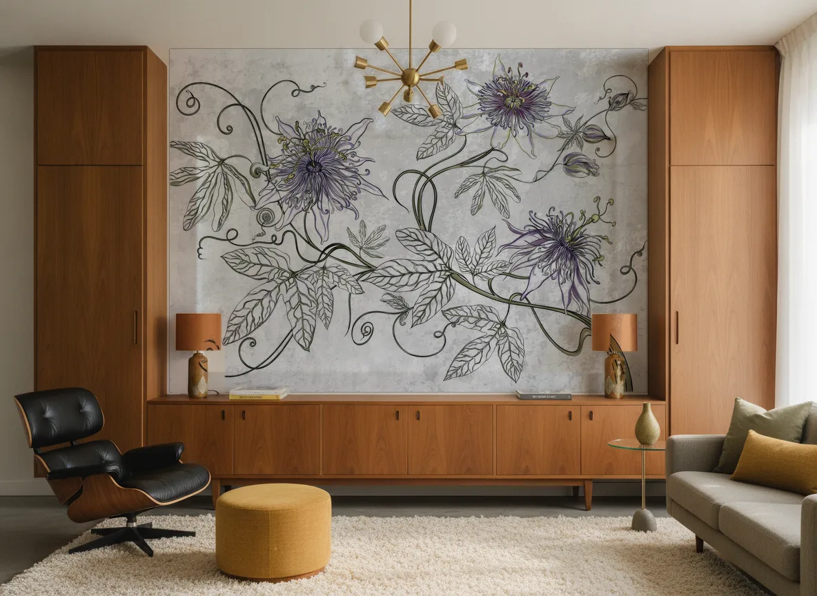 Maraya — Salon mid-century — ściana między tekowymi szafami