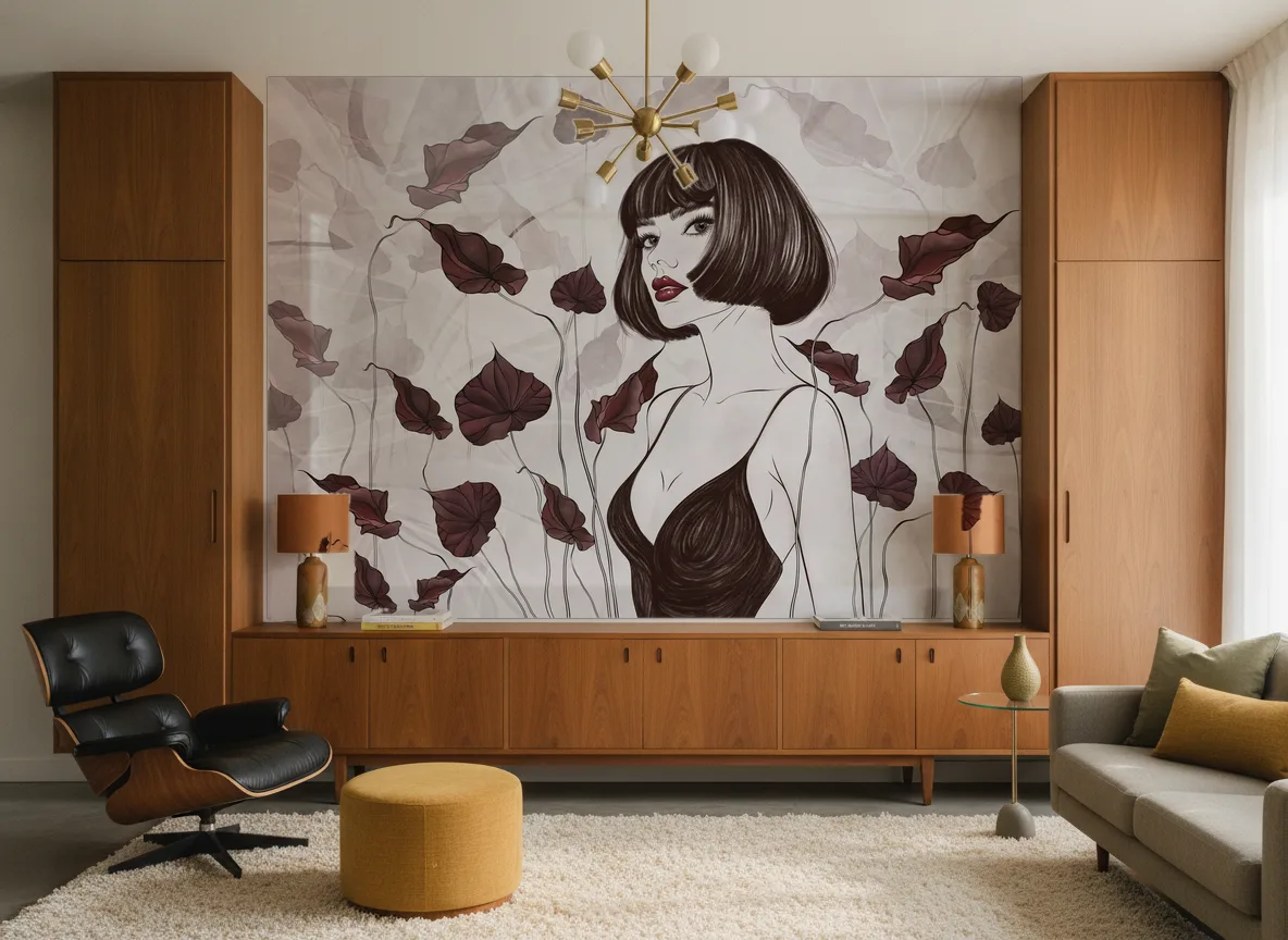 Rogue — Salon mid-century — ściana między tekowymi szafami