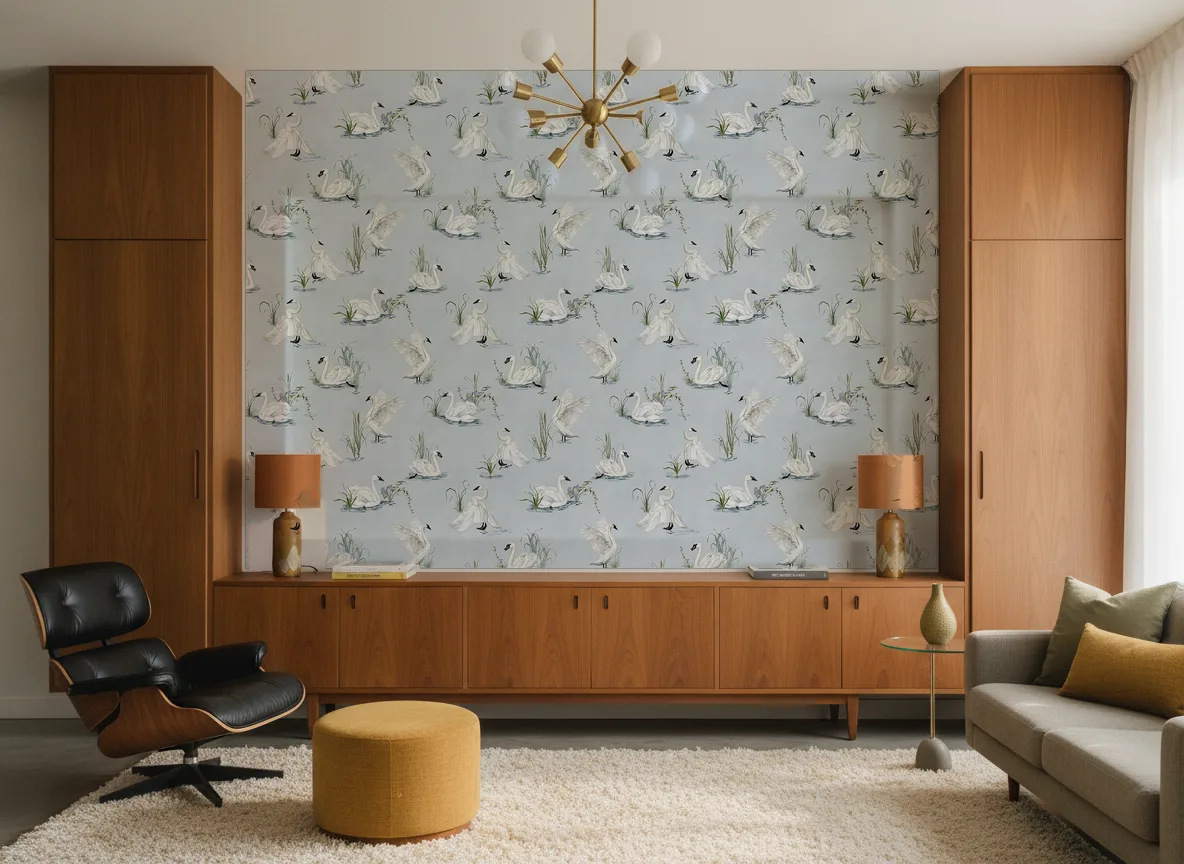 Svan — Salon mid-century — ściana między tekowymi szafami