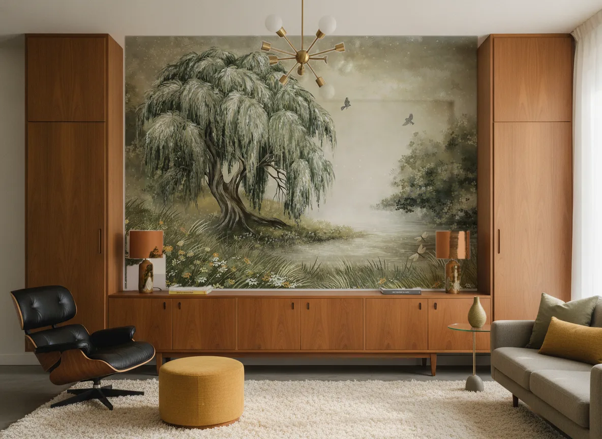 Limo — Salon mid-century — ściana między tekowymi szafami