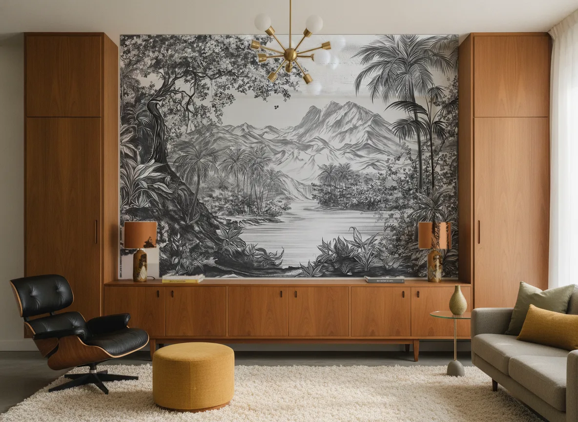 Mirage — Salon mid-century — ściana między tekowymi szafami