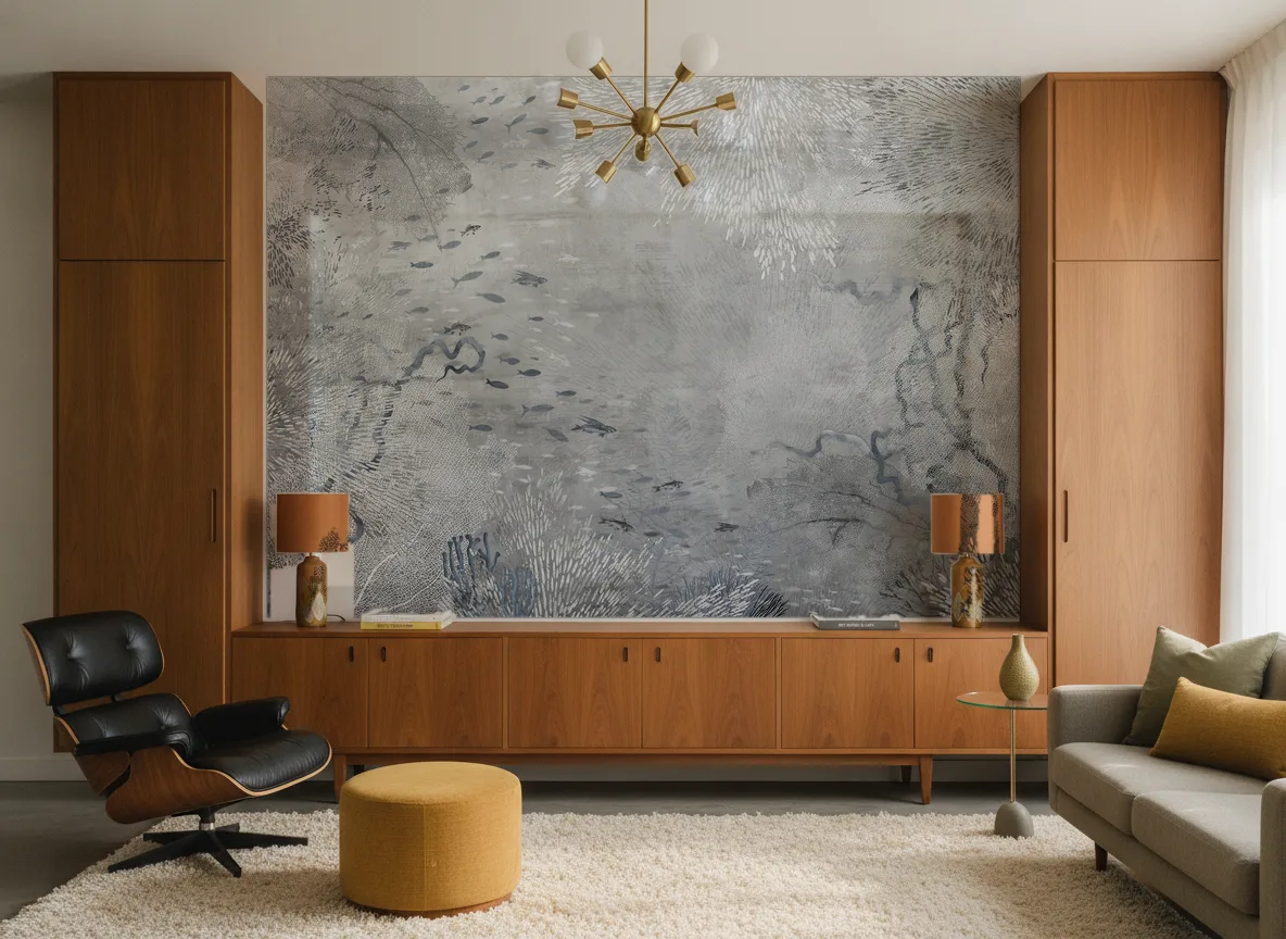 Noema — Salon mid-century — ściana między tekowymi szafami