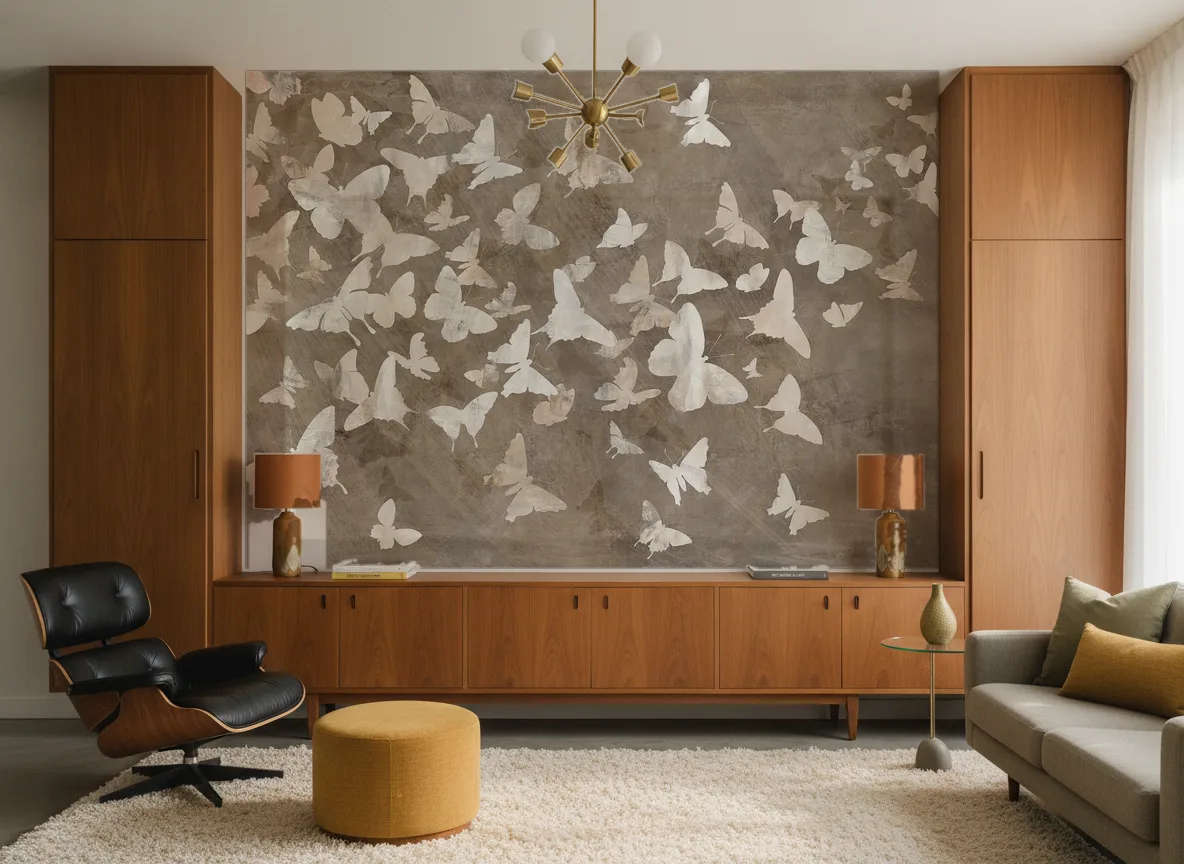 Nuvia — Salon mid-century — ściana między tekowymi szafami