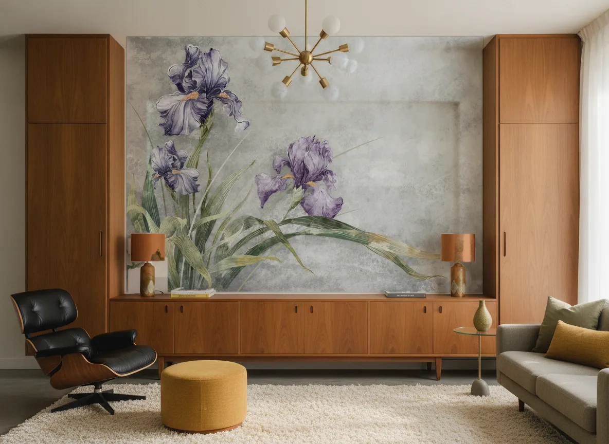 Riselia — Salon mid-century — ściana między tekowymi szafami