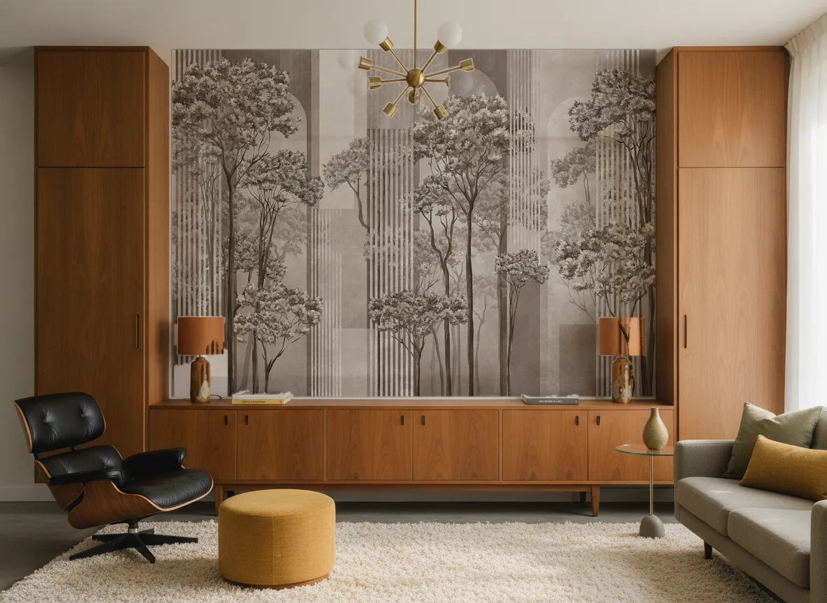 Woodline — Salon mid-century — ściana między tekowymi szafami