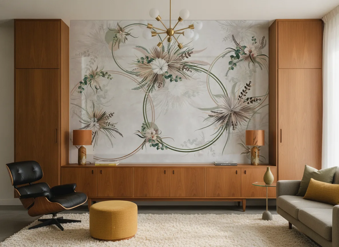 Verse — Salon mid-century — ściana między tekowymi szafami
