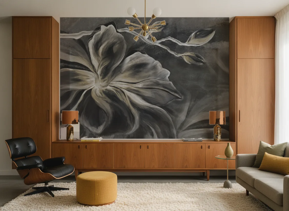 Flower Eye — Salon mid-century — ściana między tekowymi szafami