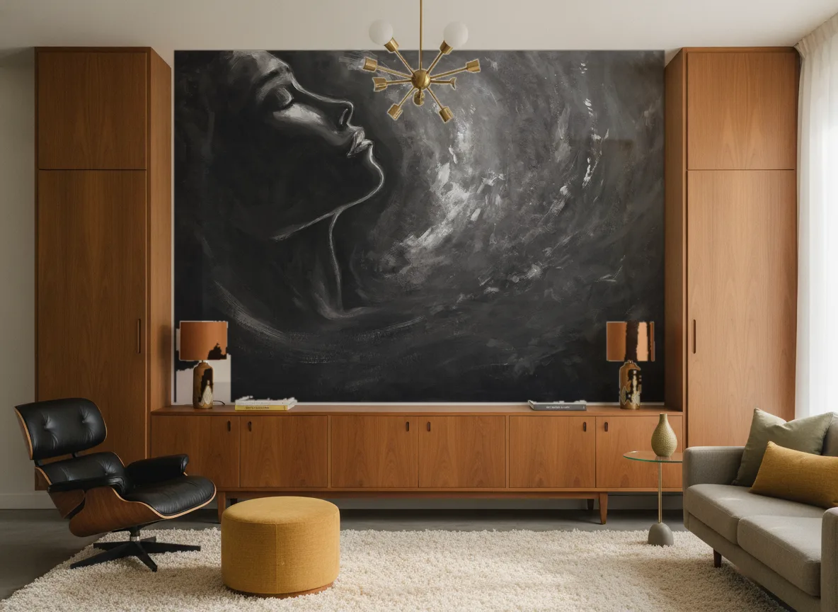 Moon Kiss — Salon mid-century — ściana między tekowymi szafami