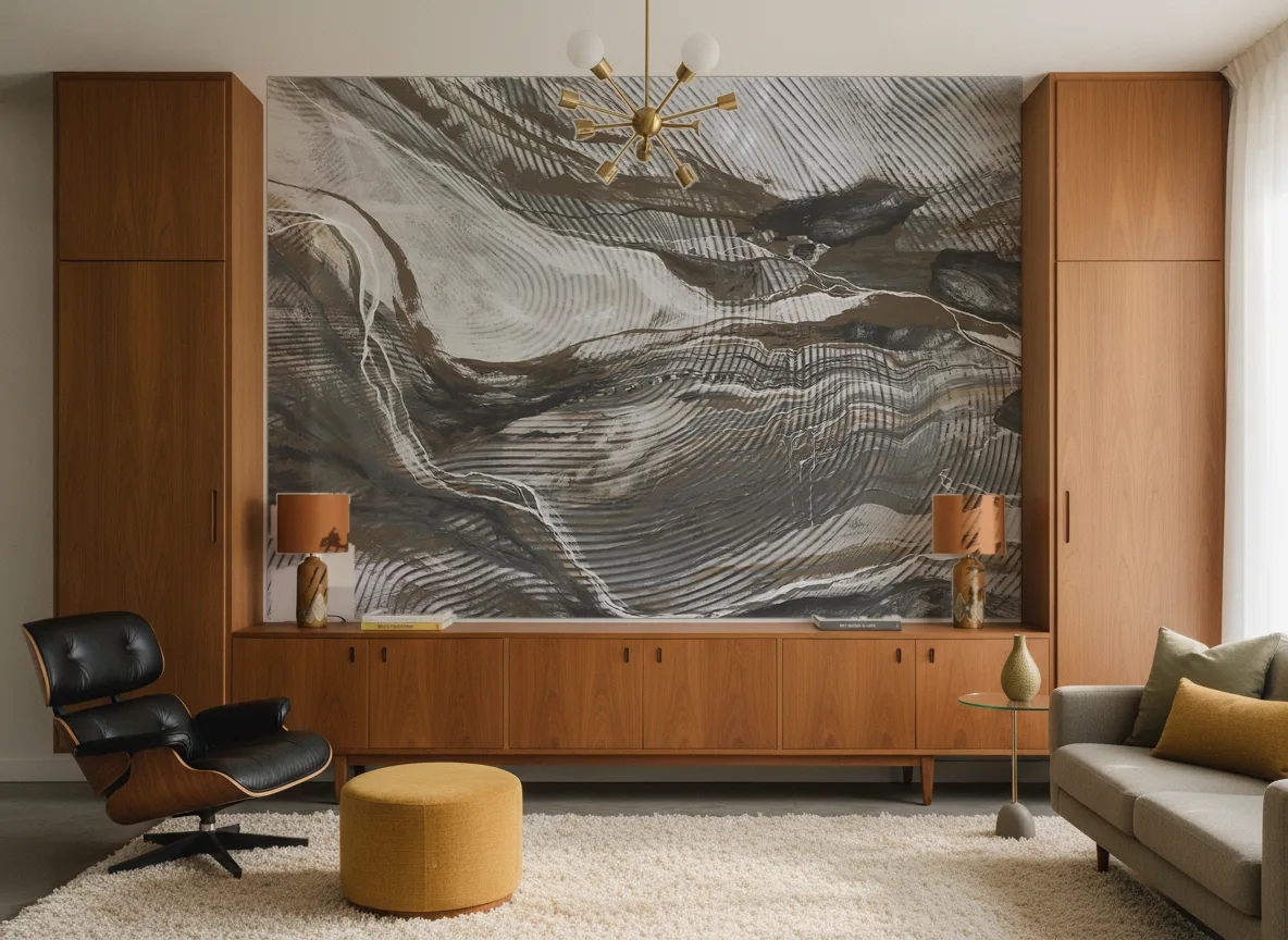 Wave Lines — Salon mid-century — ściana między tekowymi szafami