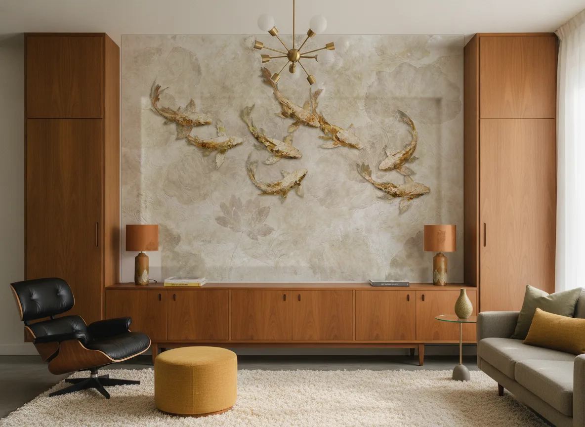 Bellini — Salon mid-century — ściana między tekowymi szafami