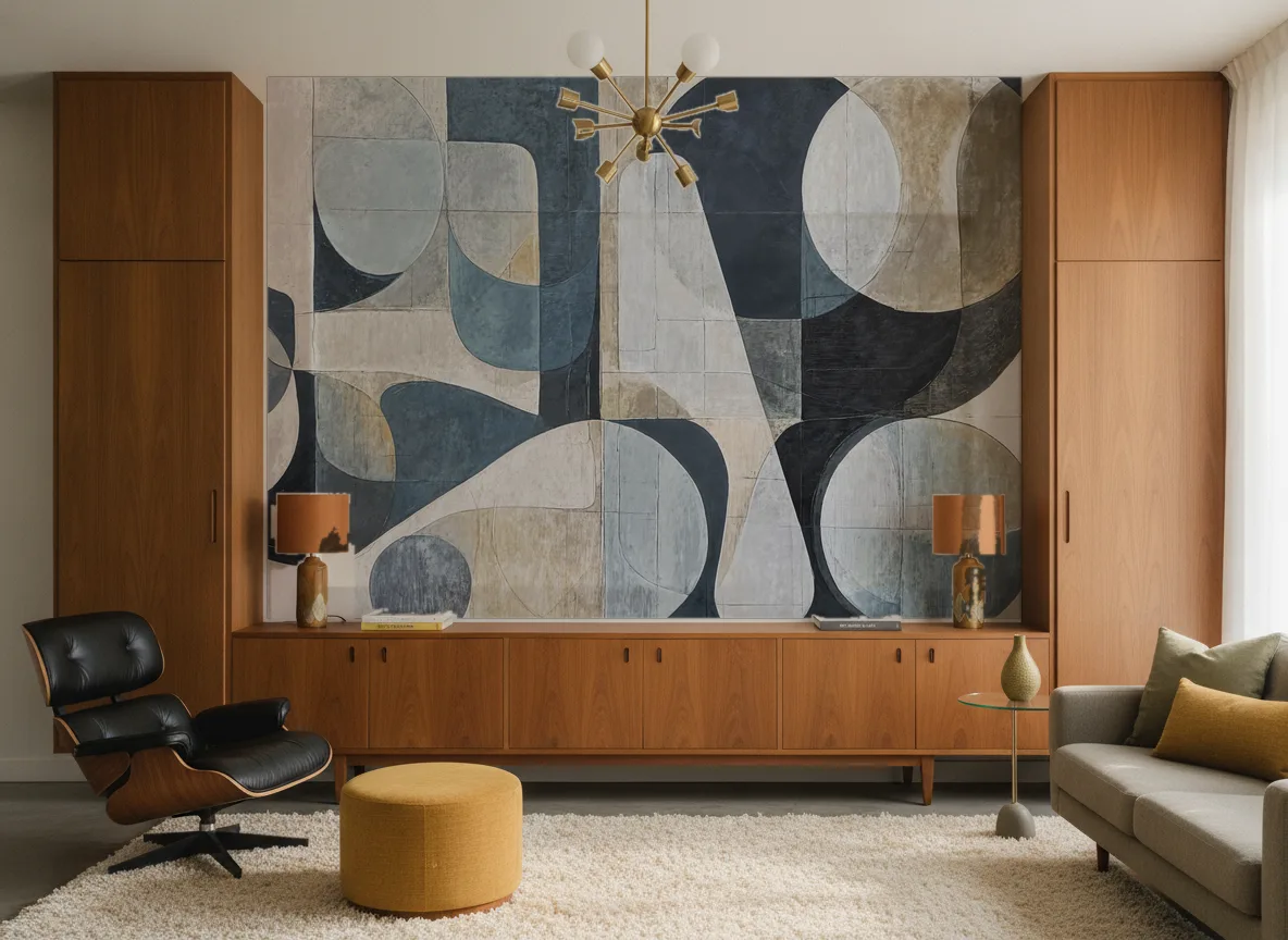 Dante — Salon mid-century — ściana między tekowymi szafami
