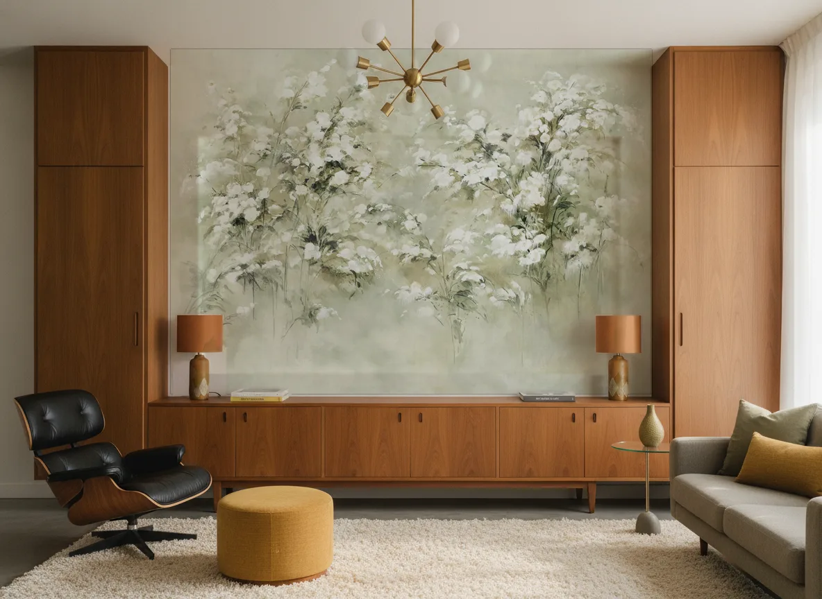 Ethera — Salon mid-century — ściana między tekowymi szafami