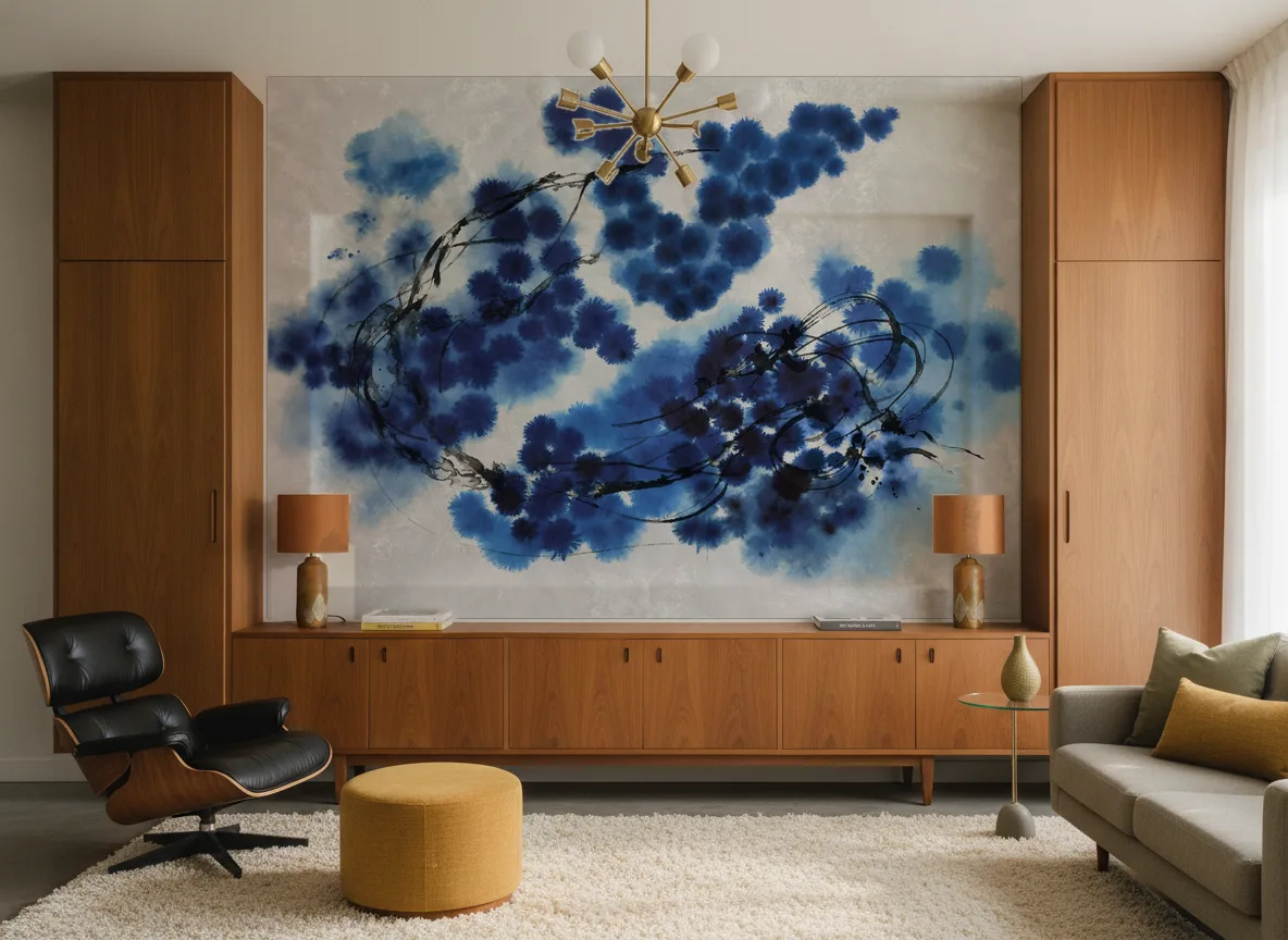 Onyxa — Salon mid-century — ściana między tekowymi szafami